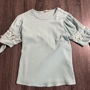 Cupio Green Puff Sleeve Ribbed Blouse